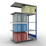 Anbauregal, Fachbodenregal Stecksystem MULTIplus150, 2000 x 1300 x 800 mm (HxBxT), 5 Fachböden, Kreuzstrebe, RAL 5010 enzianblau/verzinkt