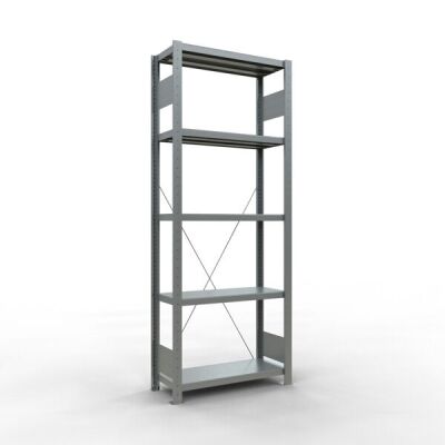 Grundregal, Fachbodenregal Stecksystem MULTIplus250, 2000 x 750 x 300 mm (HxBxT), 5 Fachböden, Kreuzstrebe, verzinkt