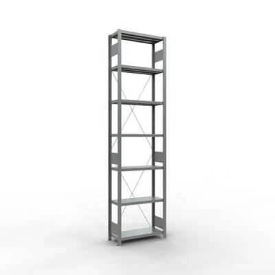 Grundregal, Fachbodenregal Stecksystem MULTIplus250, 3000 x 750 x 300 mm (HxBxT), 7 Fachböden, Kreuzstrebe, verzinkt