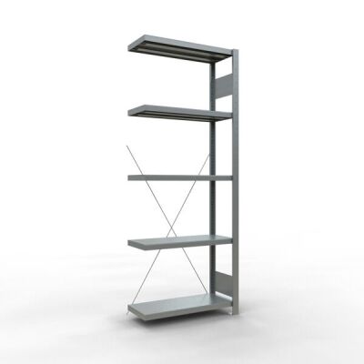 Anbauregal, Fachbodenregal Stecksystem MULTIplus250, 2000 x 750 x 300 mm (HxBxT), 5 Fachböden, Kreuzstrebe, verzinkt