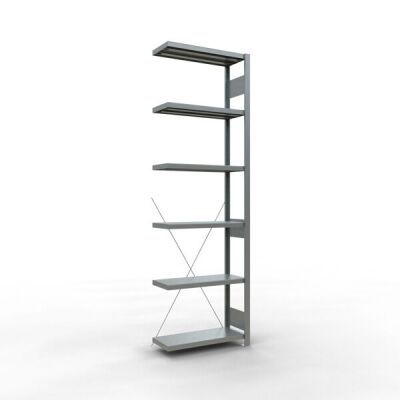 Anbauregal, Fachbodenregal Stecksystem MULTIplus250, 2500 x 750 x 300 mm (HxBxT), 6 Fachböden, Kreuzstrebe, verzinkt