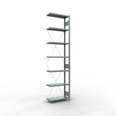 Anbauregal, Fachbodenregal Stecksystem MULTIplus250, 3000 x 750 x 300 mm (HxBxT), 7 Fachböden, Kreuzstrebe, verzinkt