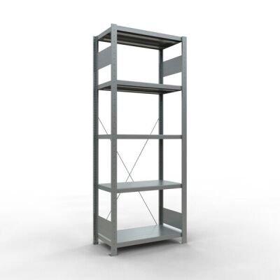 Grundregal, Fachbodenregal Stecksystem MULTIplus250, 2000 x 750 x 400 mm (HxBxT), 5 Fachböden, Kreuzstrebe, verzinkt