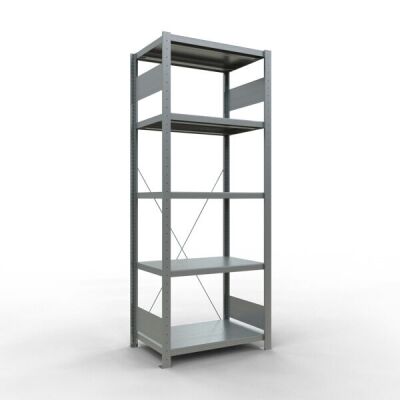 Grundregal, Fachbodenregal Stecksystem MULTIplus250, 2000 x 750 x 500 mm (HxBxT), 5 Fachböden, Kreuzstrebe, verzinkt