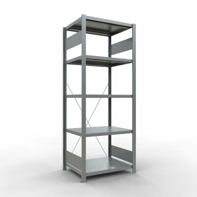 Grundregal, Fachbodenregal Stecksystem MULTIplus250, 2000 x 750 x 600 mm (HxBxT), 5 Fachböden, Kreuzstrebe, verzinkt