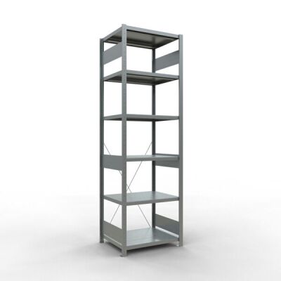 Grundregal, Fachbodenregal Stecksystem MULTIplus250, 2500 x 750 x 600 mm (HxBxT), 6 Fachböden, Kreuzstrebe, verzinkt