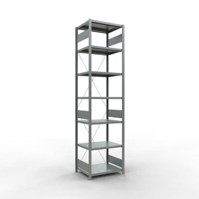Grundregal, Fachbodenregal Stecksystem MULTIplus250, 3000 x 750 x 600 mm (HxBxT), 7 Fachböden, Kreuzstrebe, verzinkt