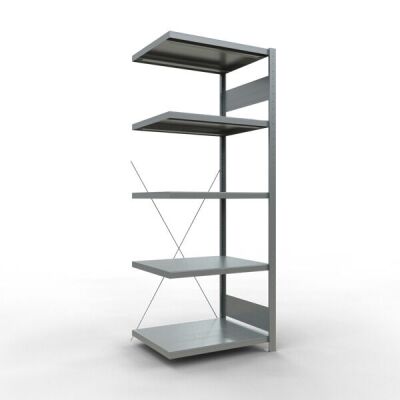 Anbauregal, Fachbodenregal Stecksystem MULTIplus250, 2000 x 750 x 600 mm (HxBxT), 5 Fachböden, Kreuzstrebe, verzinkt