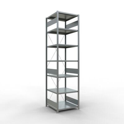 Grundregal, Fachbodenregal Stecksystem MULTIplus250, 3000 x 750 x 800 mm (HxBxT), 7 Fachböden, Kreuzstrebe, verzinkt