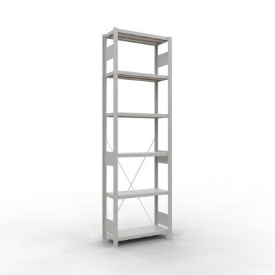 Grundregal, Fachbodenregal Stecksystem MULTIplus250, 2000 x 750 x 300 mm (HxBxT), 5 Fachböden, Kreuzstrebe, RAL 7035 lichtgrau