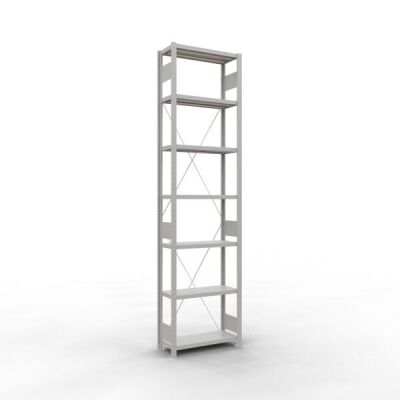 Grundregal, Fachbodenregal Stecksystem MULTIplus250, 3000 x 750 x 300 mm (HxBxT), 7 Fachböden, Kreuzstrebe, RAL 7035 lichtgrau