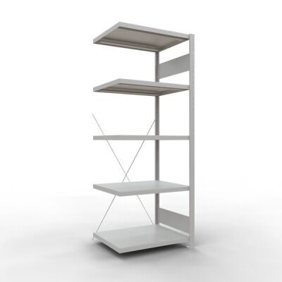 Anbauregal, Fachbodenregal Stecksystem MULTIplus250, 2000 x 750 x 300 mm (HxBxT), 5 Fachböden, Kreuzstrebe, RAL 7035 lichtgrau