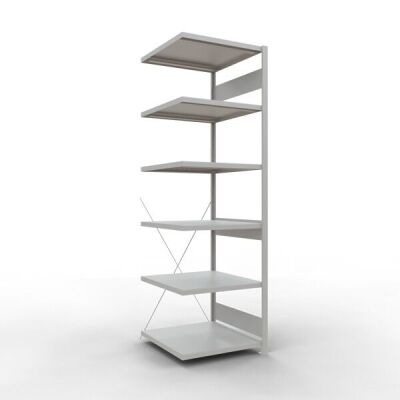 Anbauregal, Fachbodenregal Stecksystem MULTIplus250, 2500 x 750 x 300 mm (HxBxT), 6 Fachböden, Kreuzstrebe, RAL 7035 lichtgrau