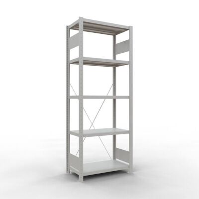 Grundregal, Fachbodenregal Stecksystem MULTIplus250, 2000 x 750 x 400 mm (HxBxT), 5 Fachböden, Kreuzstrebe, RAL 7035 lichtgrau