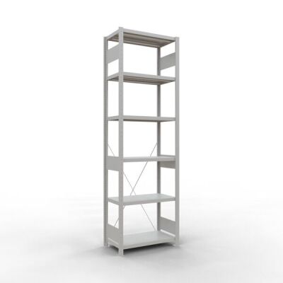Grundregal, Fachbodenregal Stecksystem MULTIplus250, 2500 x 750 x 400 mm (HxBxT), 6 Fachböden, Kreuzstrebe, RAL 7035 lichtgrau