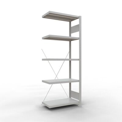 Anbauregal, Fachbodenregal Stecksystem MULTIplus250, 2000 x 750 x 400 mm (HxBxT), 5 Fachböden, Kreuzstrebe, RAL 7035 lichtgrau