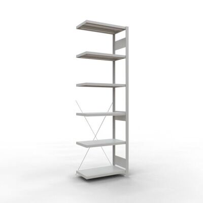 Anbauregal, Fachbodenregal Stecksystem MULTIplus250, 2500 x 750 x 400 mm (HxBxT), 6 Fachböden, Kreuzstrebe, RAL 7035 lichtgrau