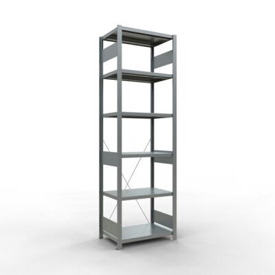 Grundregal, Fachbodenregal Stecksystem MULTIplus250, 2500 x 750 x 500 mm (HxBxT), 6 Fachböden, Kreuzstrebe, RAL 7035 lichtgrau