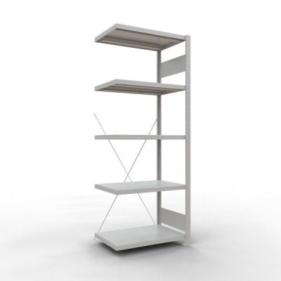 Anbauregal, Fachbodenregal Stecksystem MULTIplus250, 2000 x 750 x 500 mm (HxBxT), 5 Fachböden, Kreuzstrebe, RAL 7035 lichtgrau