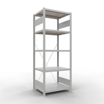Grundregal, Fachbodenregal Stecksystem MULTIplus250, 2000 x 750 x 600 mm (HxBxT), 5 Fachböden, Kreuzstrebe, RAL 7035 lichtgrau