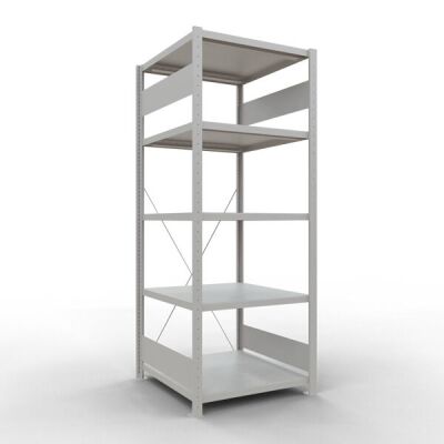 Grundregal, Fachbodenregal Stecksystem MULTIplus250, 2000 x 750 x 800 mm (HxBxT), 5 Fachböden, Kreuzstrebe, RAL 7035 lichtgrau
