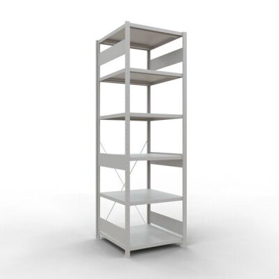 Grundregal, Fachbodenregal Stecksystem MULTIplus250, 2500 x 750 x 800 mm (HxBxT), 6 Fachböden, Kreuzstrebe, RAL 7035 lichtgrau