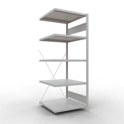 Anbauregal, Fachbodenregal Stecksystem MULTIplus250, 2000 x 750 x 800 mm (HxBxT), 5 Fachböden, Kreuzstrebe, RAL 7035 lichtgrau
