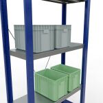 Grundregal, Fachbodenregal Stecksystem MULTIplus250, 2000 x 750 x 300 mm (HxBxT), 5 Fachböden, Kreuzstrebe, RAL 5010 enzianblau/verzinkt/verzinkt