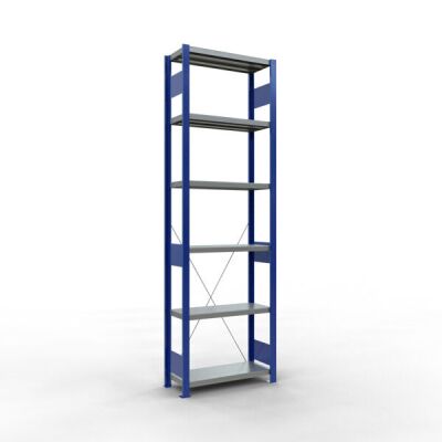 Grundregal, Fachbodenregal Stecksystem MULTIplus250, 2500 x 750 x 300 mm (HxBxT), 6 Fachböden, Kreuzstrebe, RAL 5010 enzianblau/verzinkt/verzinkt