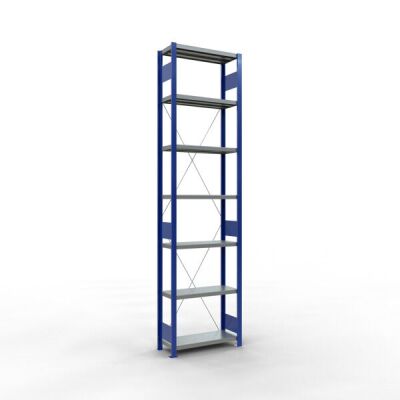 Grundregal, Fachbodenregal Stecksystem MULTIplus250, 3000 x 750 x 300 mm (HxBxT), 7 Fachböden, Kreuzstrebe, RAL 5010 enzianblau/verzinkt/verzinkt