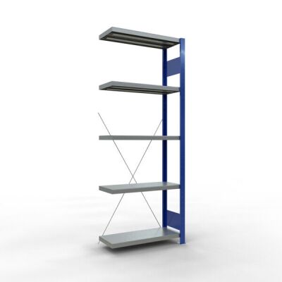 Anbauregal, Fachbodenregal Stecksystem MULTIplus250, 2000 x 750 x 300 mm (HxBxT), 5 Fachböden, Kreuzstrebe, RAL 5010 enzianblau/verzinkt/verzinkt