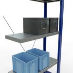 Anbauregal, Fachbodenregal Stecksystem MULTIplus250, 2000 x 750 x 300 mm (HxBxT), 5 Fachböden, Kreuzstrebe, RAL 5010 enzianblau/verzinkt/verzinkt