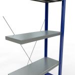 Anbauregal, Fachbodenregal Stecksystem MULTIplus250, 2000 x 750 x 300 mm (HxBxT), 5 Fachböden, Kreuzstrebe, RAL 5010 enzianblau/verzinkt/verzinkt