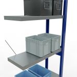 Anbauregal, Fachbodenregal Stecksystem MULTIplus250, 2500 x 750 x 300 mm (HxBxT), 6 Fachböden, Kreuzstrebe, RAL 5010 enzianblau/verzinkt/verzinkt