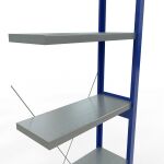 Anbauregal, Fachbodenregal Stecksystem MULTIplus250, 2500 x 750 x 300 mm (HxBxT), 6 Fachböden, Kreuzstrebe, RAL 5010 enzianblau/verzinkt/verzinkt
