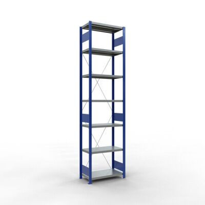 Grundregal, Fachbodenregal Stecksystem MULTIplus250, 3000 x 750 x 400 mm (HxBxT), 7 Fachböden, Kreuzstrebe, RAL 5010 enzianblau/verzinkt/verzinkt