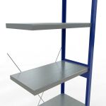 Anbauregal, Fachbodenregal Stecksystem MULTIplus250, 2500 x 750 x 400 mm (HxBxT), 6 Fachböden, Kreuzstrebe, RAL 5010 enzianblau/verzinkt/verzinkt