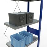 Anbauregal, Fachbodenregal Stecksystem MULTIplus250, 3000 x 750 x 400 mm (HxBxT), 7 Fachböden, Kreuzstrebe, RAL 5010 enzianblau/verzinkt/verzinkt