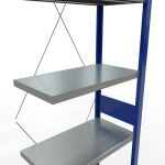 Anbauregal, Fachbodenregal Stecksystem MULTIplus250, 3000 x 750 x 400 mm (HxBxT), 7 Fachböden, Kreuzstrebe, RAL 5010 enzianblau/verzinkt/verzinkt