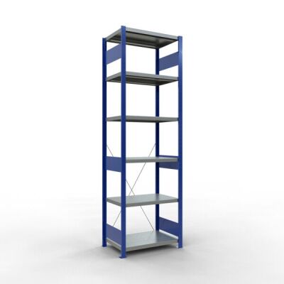 Grundregal, Fachbodenregal Stecksystem MULTIplus250, 2500 x 750 x 500 mm (HxBxT), 6 Fachböden, Kreuzstrebe, RAL 5010 enzianblau/verzinkt/verzinkt