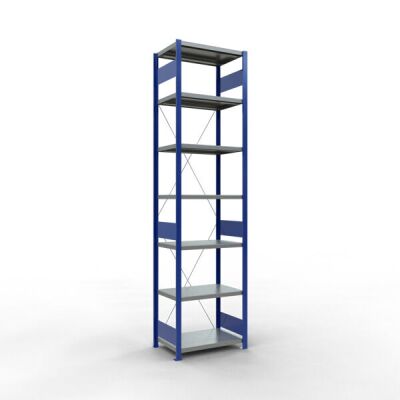 Grundregal, Fachbodenregal Stecksystem MULTIplus250, 3000 x 750 x 500 mm (HxBxT), 7 Fachböden, Kreuzstrebe, RAL 5010 enzianblau/verzinkt/verzinkt