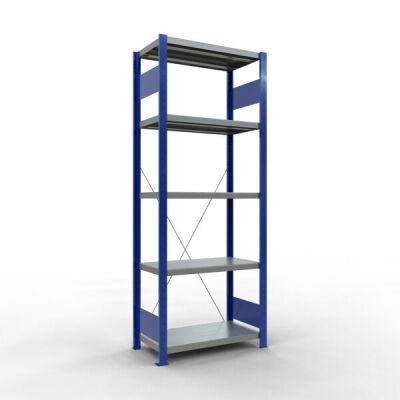Grundregal, Fachbodenregal Stecksystem MULTIplus250, 2000 x 750 x 600 mm (HxBxT), 5 Fachböden, Kreuzstrebe, RAL 5010 enzianblau/verzinkt/verzinkt