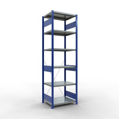 Grundregal, Fachbodenregal Stecksystem MULTIplus250, 2500 x 750 x 600 mm (HxBxT), 6 Fachböden, Kreuzstrebe, RAL 5010 enzianblau/verzinkt/verzinkt