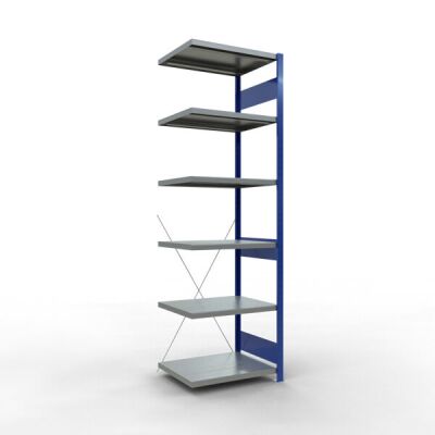 Anbauregal, Fachbodenregal Stecksystem MULTIplus250, 2500 x 750 x 600 mm (HxBxT), 6 Fachböden, Kreuzstrebe, RAL 5010 enzianblau/verzinkt/verzinkt