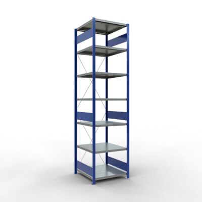 Grundregal, Fachbodenregal Stecksystem MULTIplus250, 3000 x 750 x 800 mm (HxBxT), 7 Fachböden, Kreuzstrebe, RAL 5010 enzianblau/verzinkt/verzinkt