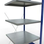 Anbauregal, Fachbodenregal Stecksystem MULTIplus250, 2000 x 750 x 800 mm (HxBxT), 5 Fachböden, Kreuzstrebe, RAL 5010 enzianblau/verzinkt/verzinkt