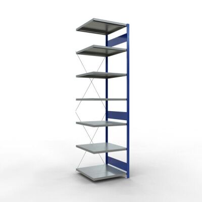 Anbauregal, Fachbodenregal Stecksystem MULTIplus250, 3000 x 750 x 800 mm (HxBxT), 7 Fachböden, Kreuzstrebe, RAL 5010 enzianblau/verzinkt/verzinkt