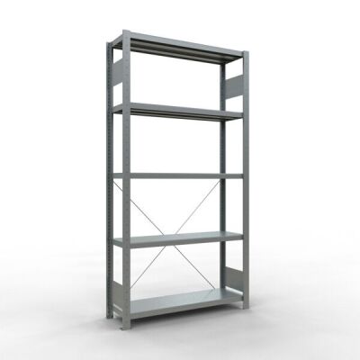 Grundregal, Fachbodenregal Stecksystem MULTIplus250, 2000 x 1000 x 300 mm (HxBxT), 5 Fachböden, Kreuzstrebe, verzinkt