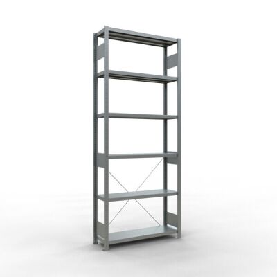 Grundregal, Fachbodenregal Stecksystem MULTIplus250, 2500 x 1000 x 300 mm (HxBxT), 6 Fachböden, Kreuzstrebe, verzinkt