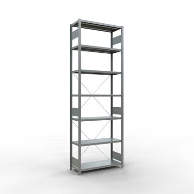 Grundregal, Fachbodenregal Stecksystem MULTIplus250, 3000 x 1000 x 400 mm (HxBxT), 7 Fachböden, Kreuzstrebe, verzinkt